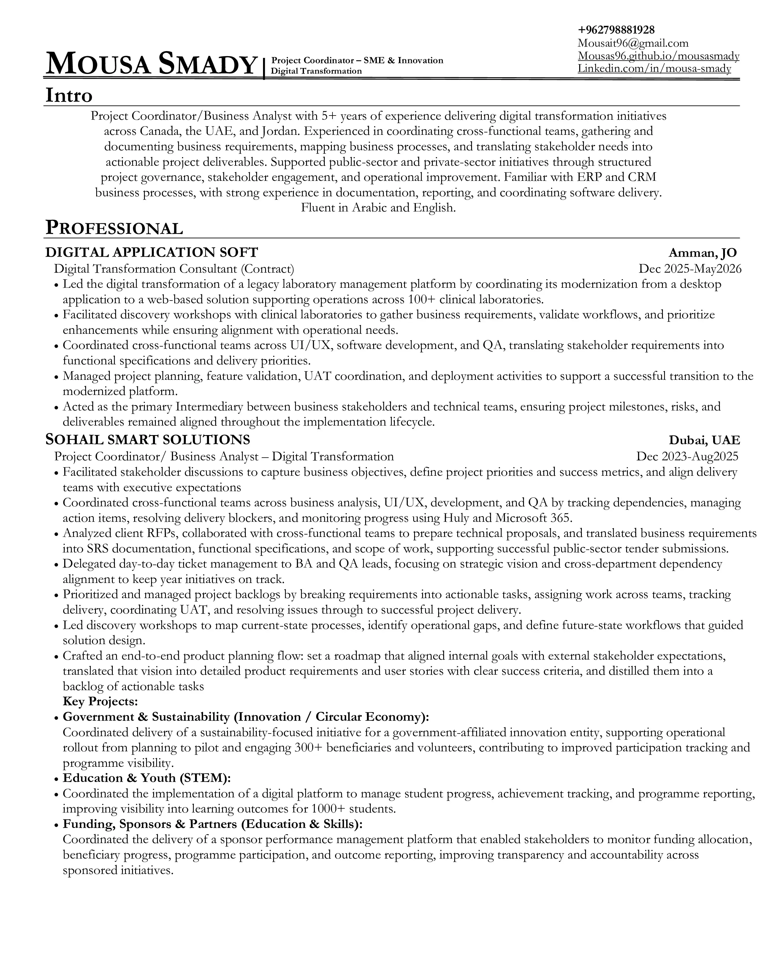 Mousa Smady resume, page 1